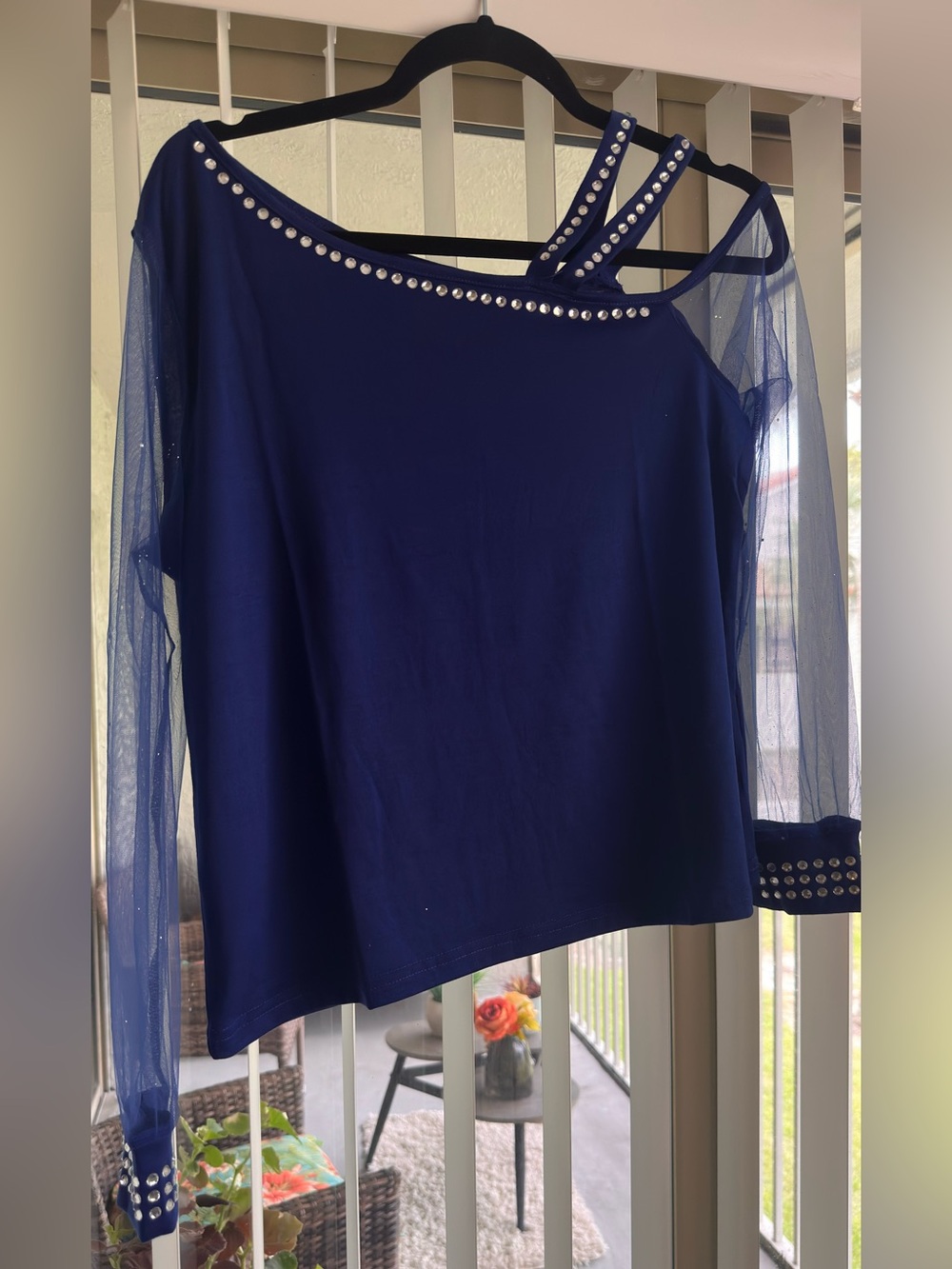 Crystal-Trim One-Shoulder Navy Blouse